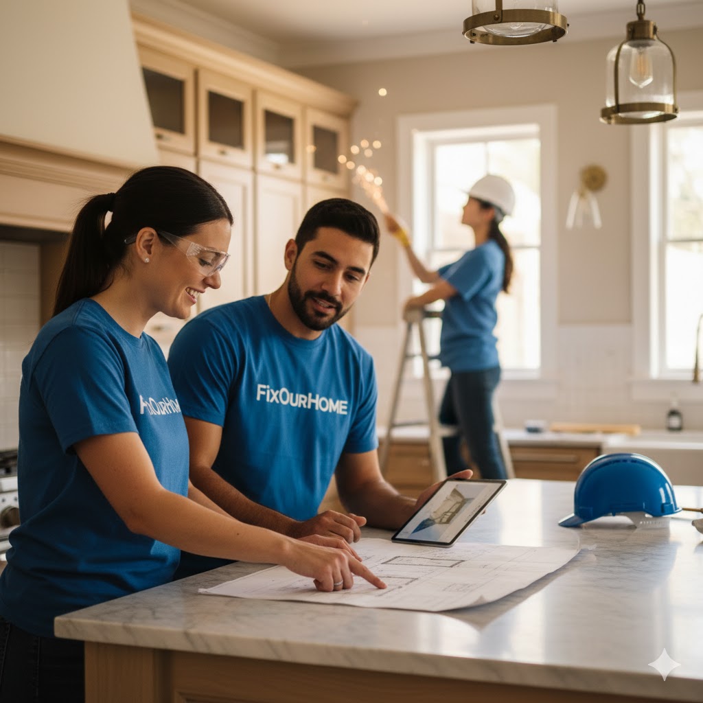 Professional FixOurHome team working on blueprints